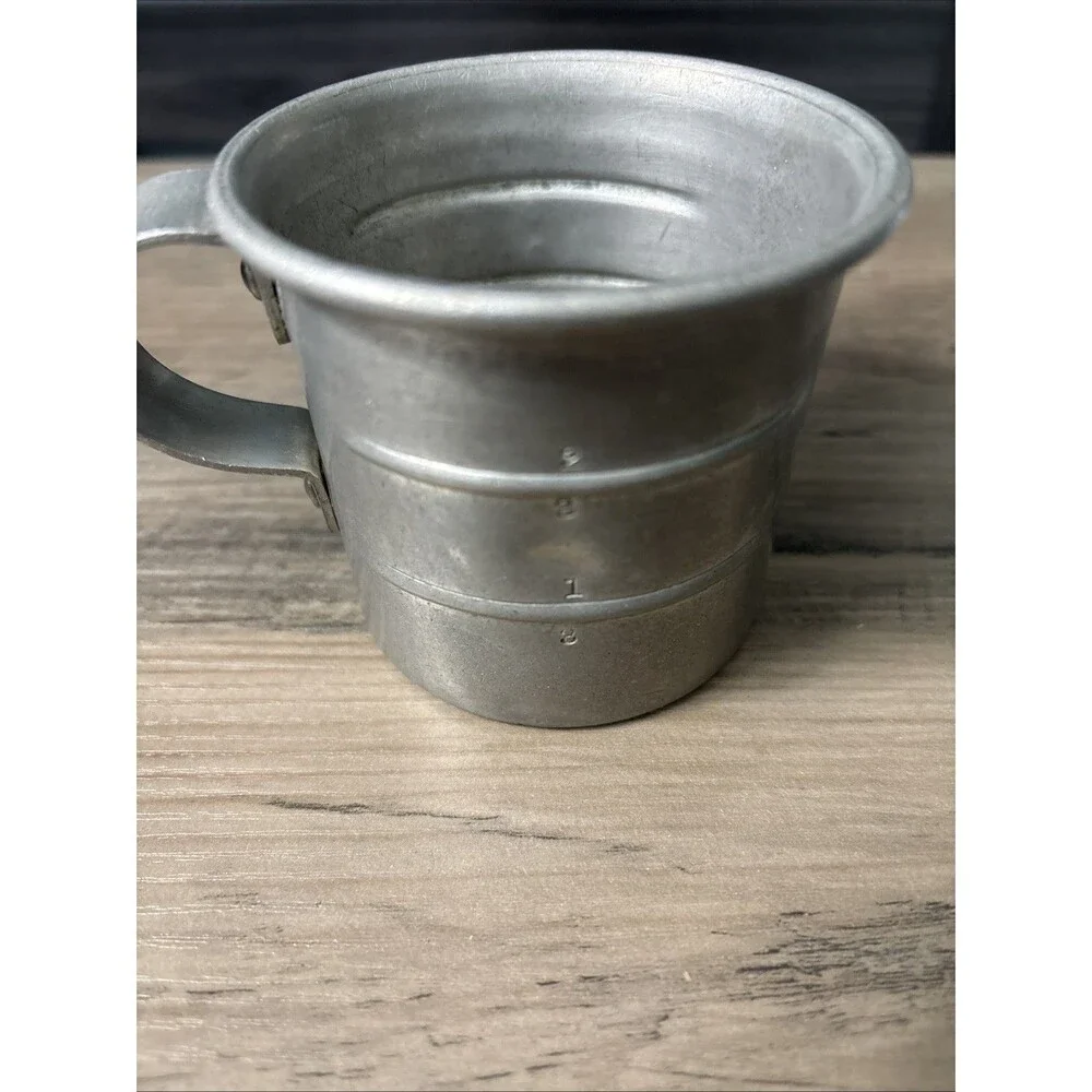 Vintage MCM Aluminum Measuring One Cup With Handle Stamped Bottom Embossed
